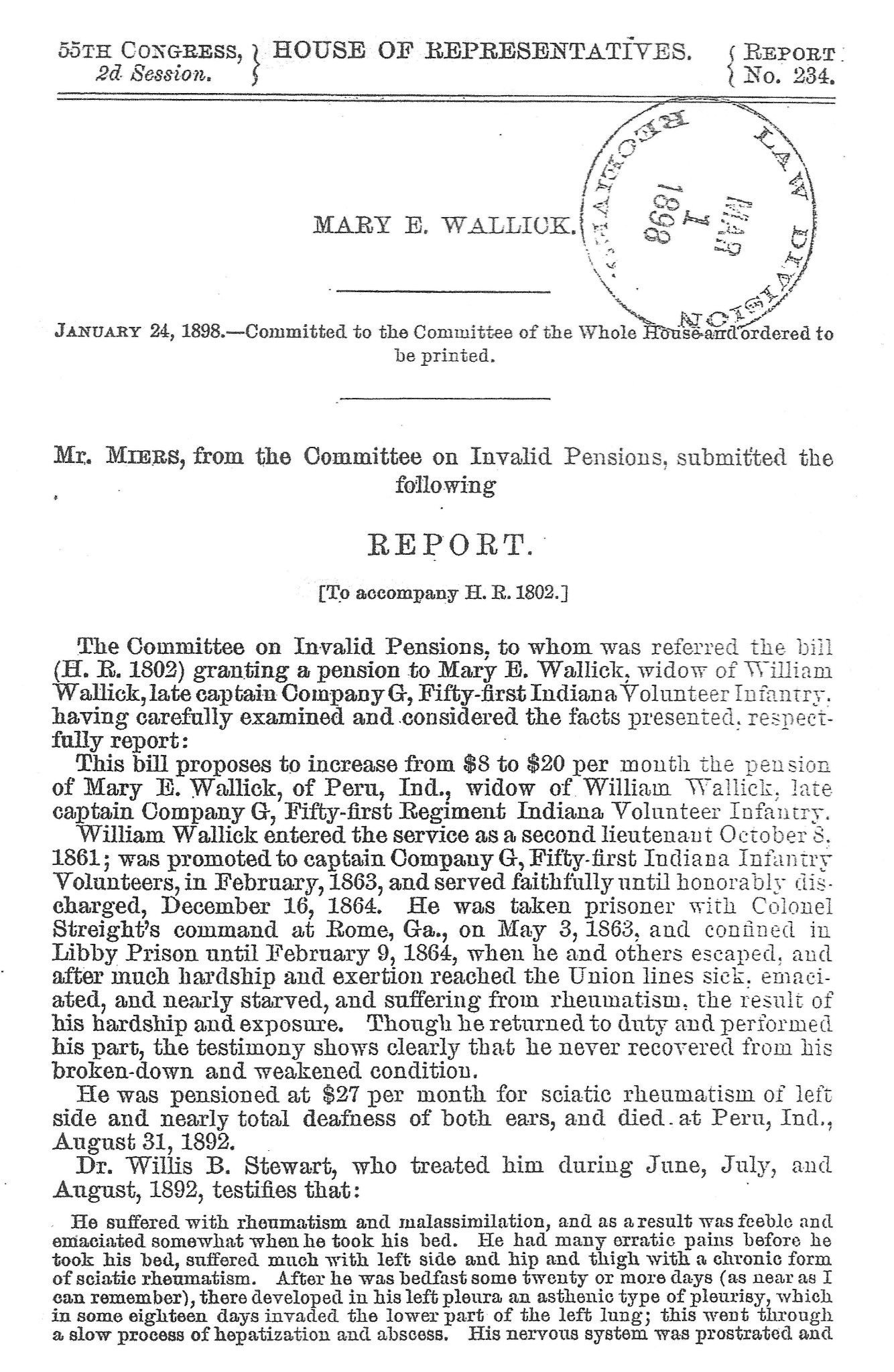 House of Representatives Report No. 234 — Mary E. Wallick pension, page 1